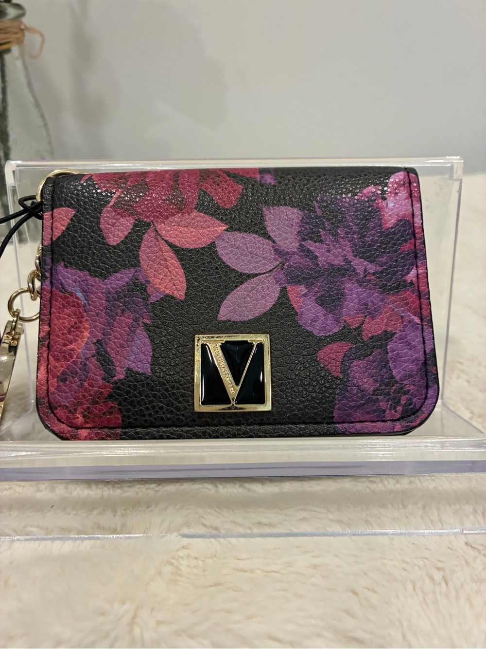 Victoria's Secret Black Wallet Card Holder with Purple & Pink Floral Print